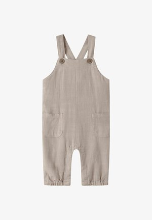 Beige småbarnsheldrakt med justerbare skulderstropper, to fremre lommer, knappeåpning, og elastiske benåpninger.