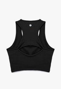 Sort atletisk crop top med racerback-design, lavet af glat stof. Har en udskæring på ryggen og et lille logo nær halsen.