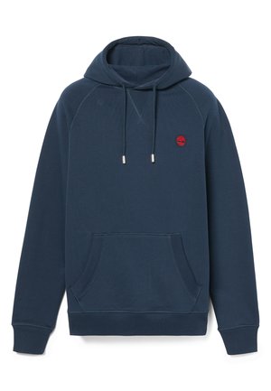 Felpa blu navy con cappuccio regolabile, tasca a marsupio, polsini a coste e un piccolo logo rosso sul petto. Tessuto morbido.