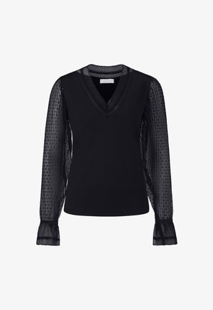 Black top featuring a textured sheer long sleeve with a layered V-neckline and fitted body. Fabric is smooth with a soft drape.