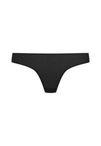 String noir en tissu doux et extensible, avec des bords lisses et une couverture minimale. Pas de matériel ou de motifs visibles.