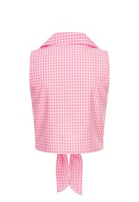 Pink gingham kort top med krave. Har bindelukning bagpå, viser et ternet mønster og glat tekstur.