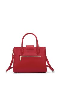 Borsa a tracolla in ecopelle rossa con doppi manici superiori, tracolla rimovibile, tasca frontale con zip e design strutturato. Accenti in metallo dorato.