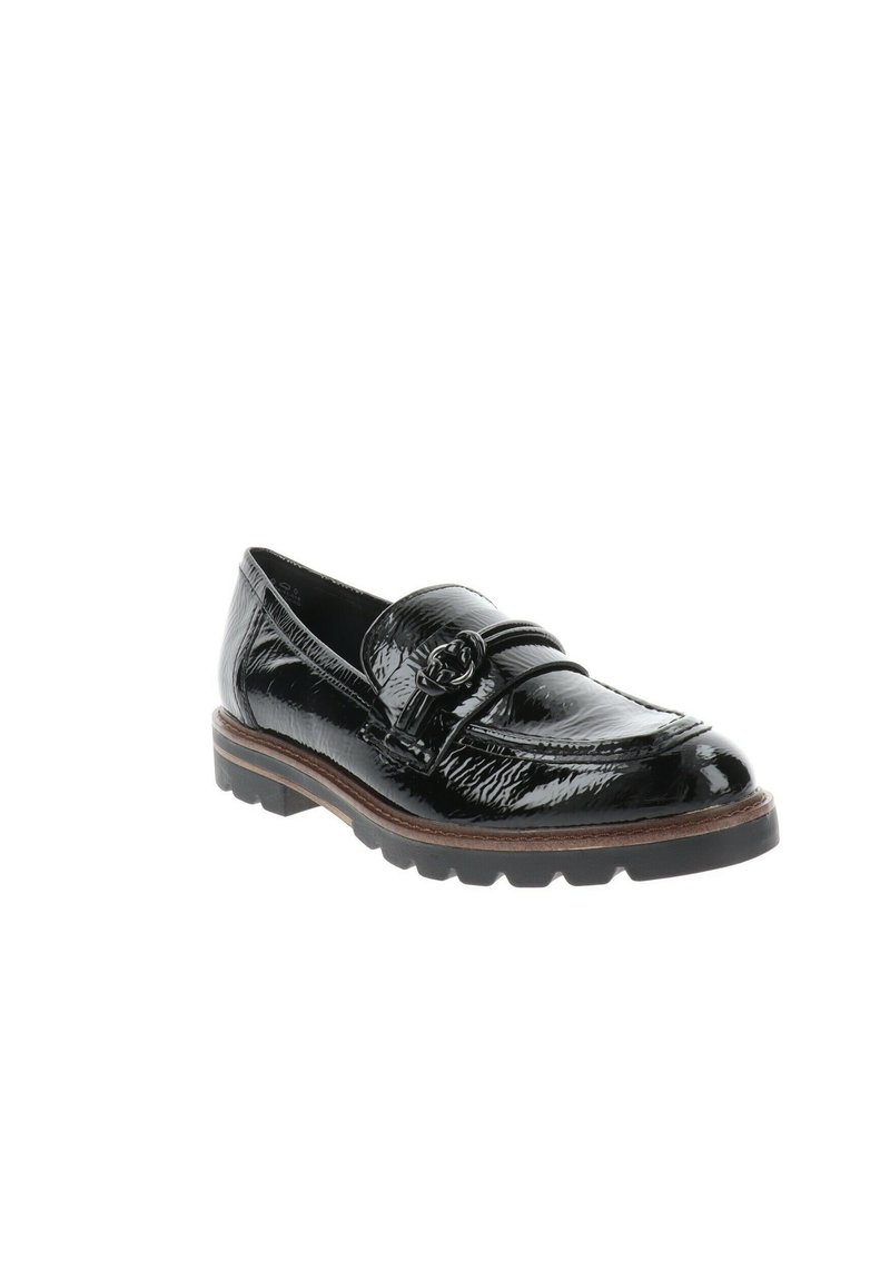 Czarne lakierowane mokasyny z fakturowanym wykończeniem, okrągłym noskiem i dekoracyjną taśmą. Posiadają grube gumowe podeszwy oraz subtelne przeszycia.