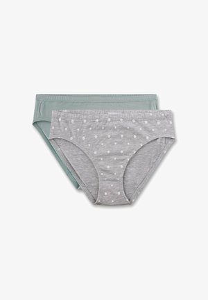 Due paia di mutande di cotone: una di un solido verde chiaro e l'altra grigia con pois bianchi. Entrambe presentano un taglio bikini classico e fasce elastiche in vita.