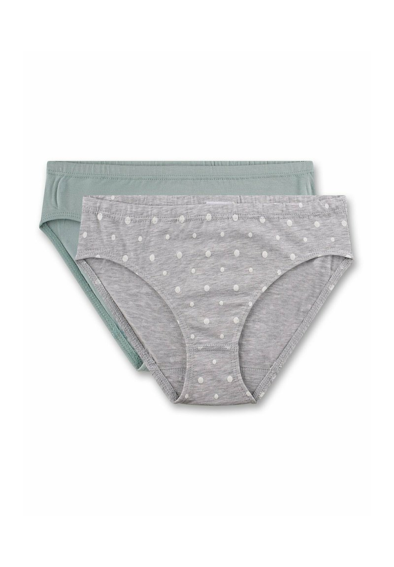 Due paia di mutande di cotone: una di un solido verde chiaro e l'altra grigia con pois bianchi. Entrambe presentano un taglio bikini classico e fasce elastiche in vita.