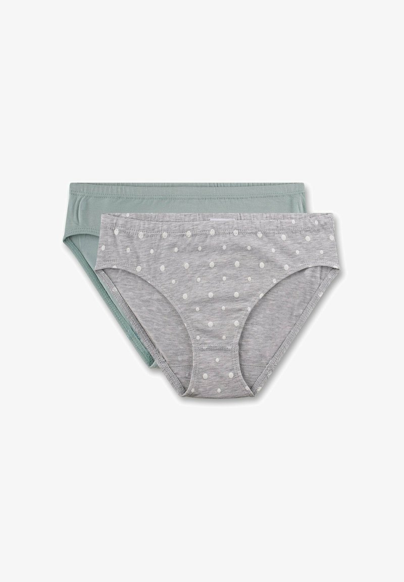 Due paia di mutande di cotone: una di un solido verde chiaro e l'altra grigia con pois bianchi. Entrambe presentano un taglio bikini classico e fasce elastiche in vita.