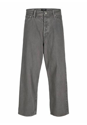 Pelēki džinsu platās bikses ar augstu jostasvietu, ar priekšu zīmuļa, pogu aizdari un piecām kabatām. Maiga izbalināta struktūra visā garumā.