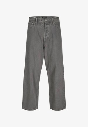 Sive jeans širokih nogavic z visokim pasom, z sprednjim zadrgo, gumbom in petimi žepi. Nežen bledeč vzorec po celotni površini.