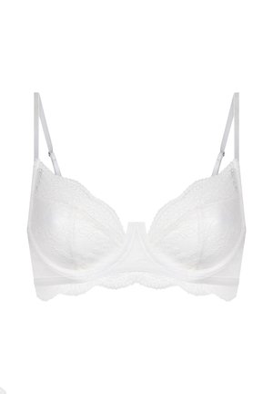 Soutien-gorge blanc en dentelle avec bonnets rembourrés, bords délicatement festonnés, bretelles réglables et bande lisse. Motif en dentelle texturée sur toute la surface.