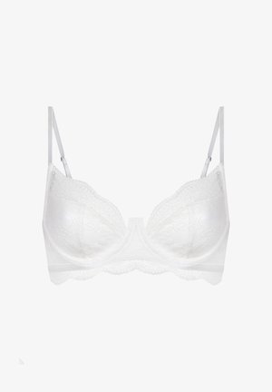 Soutien-gorge blanc en dentelle avec bonnets rembourrés, bords délicatement festonnés, bretelles réglables et bande lisse. Motif en dentelle texturée sur toute la surface.