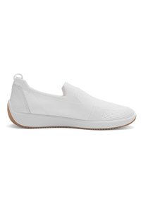 White slip-on sneaker with knit upper, cushioned sole, and brown textured outsole, designed for casual wear and comfort.
