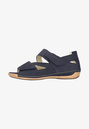 Sandalo blu navy con cinturini regolabili, punta aperta, suola imbottita in sughero e cuciture a contrasto, progettato per il comfort e un uso casual.