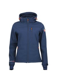 Marineblå softshell-jakke med høj krave, justerbar hætte, lynlås-lommer og orange detaljer. Glat tekstur og tætsiddende design.