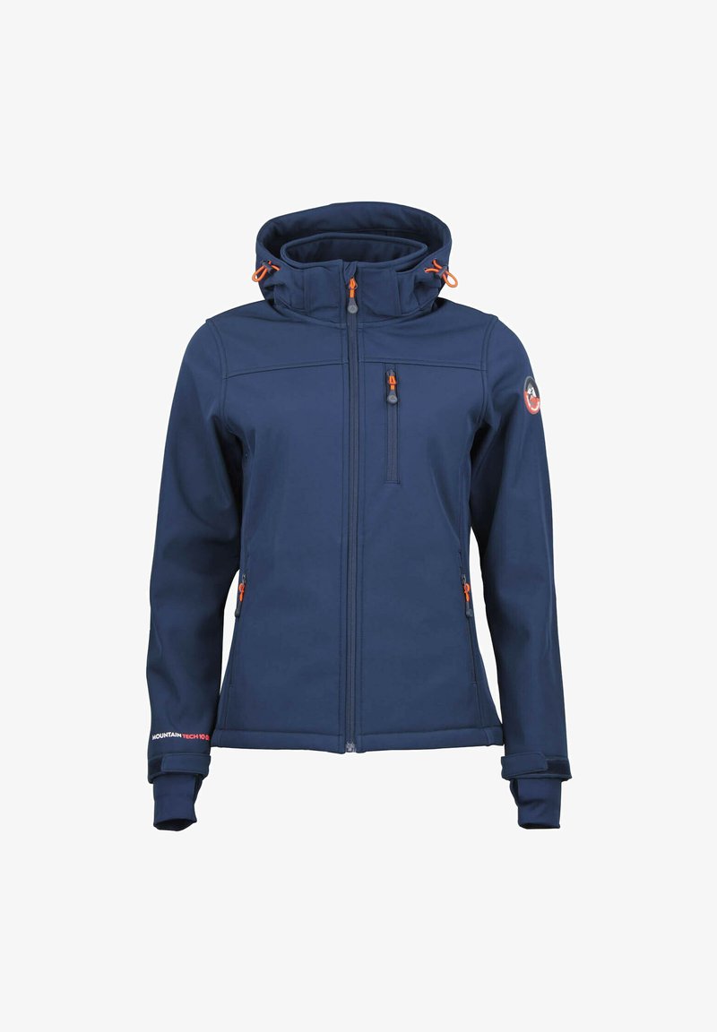 Marineblauwe softshelljack met hoge kraag, verstelbare capuchon, ritszakken en oranje accenten. Gladde textuur en aansluitend ontwerp.