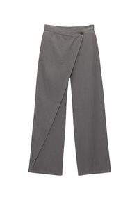 Pantalones de pernera ancha grises con solapa abotonada en la cintura, fabricados en tejido ligero.