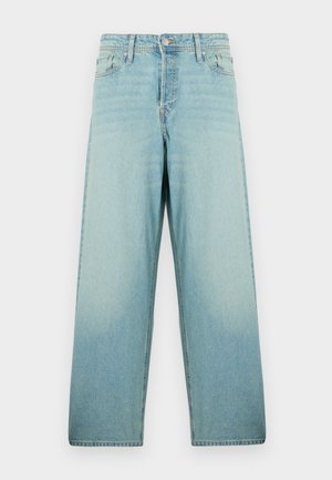 Jeans a gamba larga di colore azzurro chiaro realizzati in denim con lavaggio scolorito. Presentano una chiusura frontale con bottone e un design a cinque tasche.