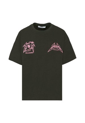 Ciemnozielona koszulka z krótkim rękawem z różowymi stylizowanymi logo MSGM Milano oraz napisem "RELOADED" na piersi.