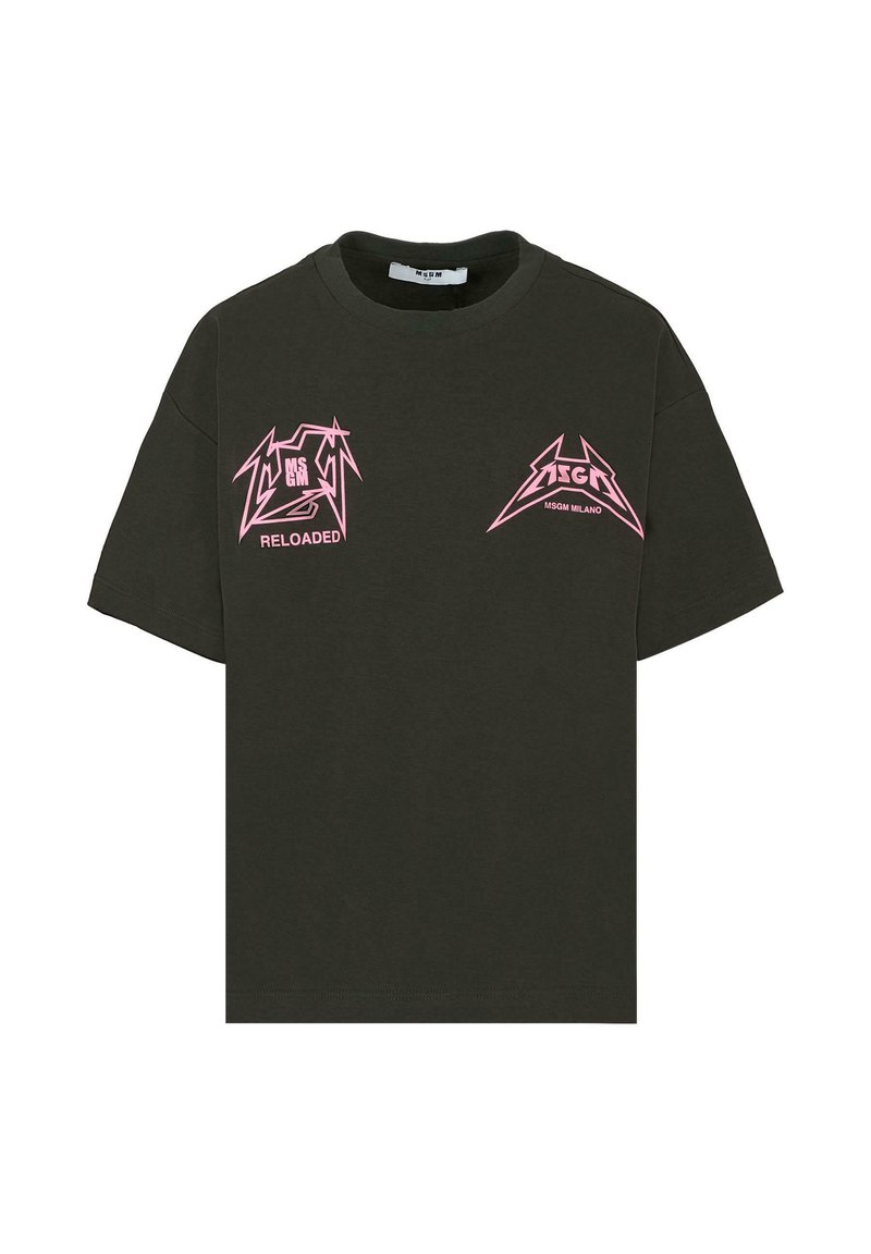 Donkergroene korte mouwen t-shirt met roze gestileerde MSGM Milano logo's en de tekst "RELOADED" op de borst.