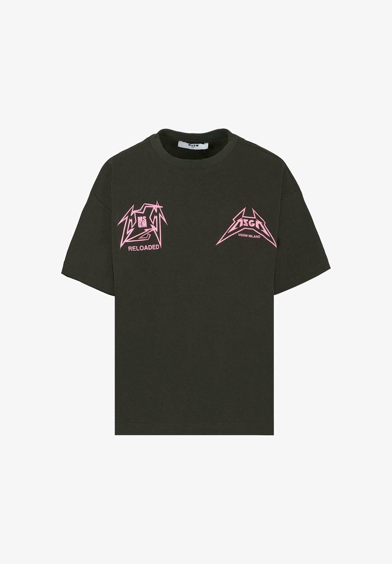 Donkergroene korte mouwen t-shirt met roze gestileerde MSGM Milano logo's en de tekst "RELOADED" op de borst.
