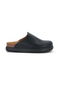 Black slip-on shoe with a smooth leather upper, cork midsole, and rounded toe. Textured rubber outsole and minimal design details.