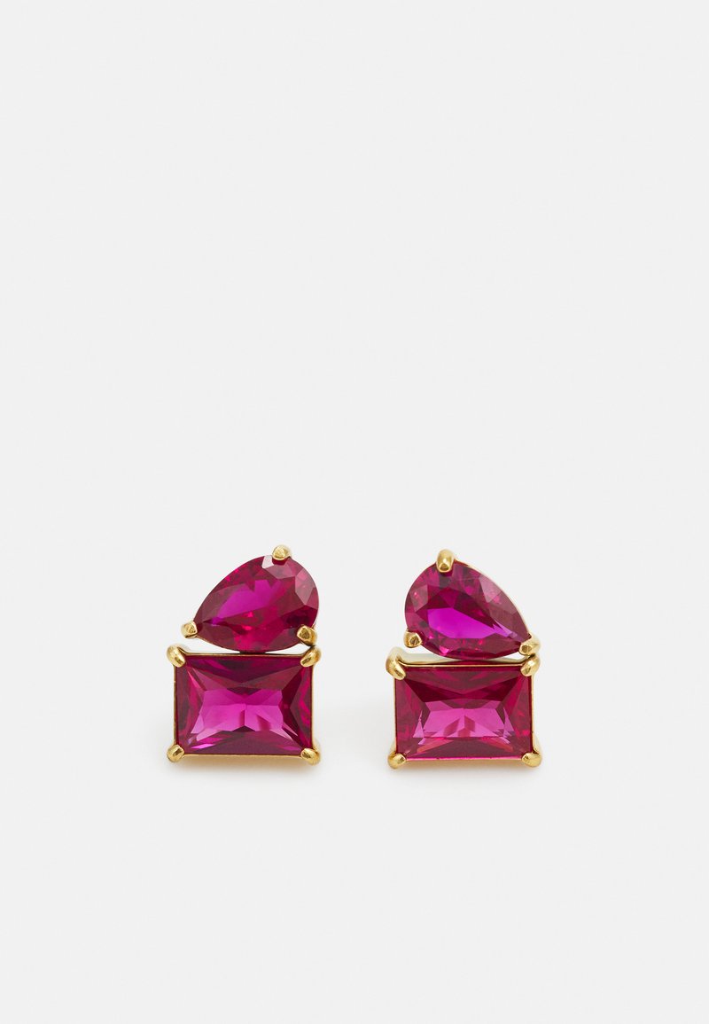 Gold-tone earrings featuring two pink gemstones: a rectangular and a pear cut, both faceted with a smooth finish and secure settings.