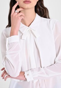 Blusa bianca trasparente con colletto alla Peter Pan, dettaglio con cravatta al collo e polsini con bottoni. Caratterizzata da una texture morbida e un design elegante.