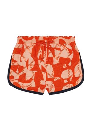 Piros és halvány rózsaszín mintás rövidnadrág fekete díszítéssel, elasztikus derékkal, és elöl megkötős fűzővel.