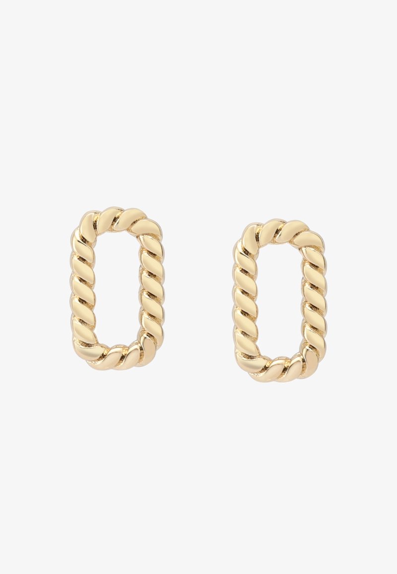Guldtonade, vridna rektangulära hoops örhängen med en texturerad flätad design. Slät yta med en glänsande finish. Lätta i metall.