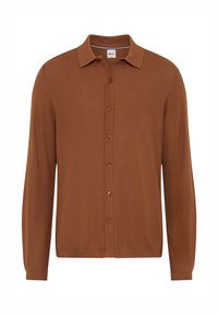 Bruin knoop-up cardigan met lange mouwen, geribbelde textuur, platte kraag en contrasterende knopen langs de voorflap.