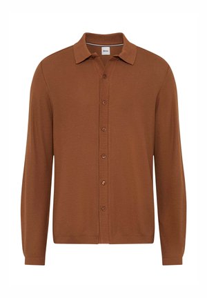 Brauner Button-Down-Cardigan mit langen Ärmeln, gerippter Textur, flachem Kragen und kontrastierenden Knöpfen entlang der Knopfleiste.