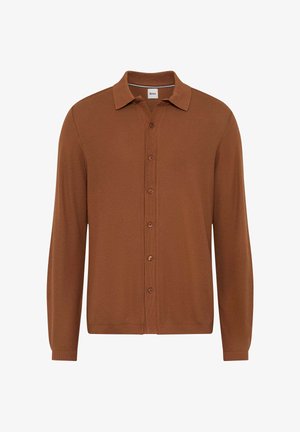 Brauner Button-Down-Cardigan mit langen Ärmeln, gerippter Textur, flachem Kragen und kontrastierenden Knöpfen entlang der Knopfleiste.