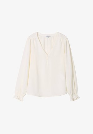 Blusa a maniche lunghe di colore crema con scollatura a V, dettagli con bottoni e polsini arricciati. Tessuto morbido con un lieve caduta e vestibilità rilassata.