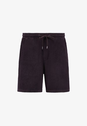 Tmavofialové šortky z froté s elastickým pásom a šnúrkou. Obsahujú dve bočné vrecká a majú jednoduchý dizajn.