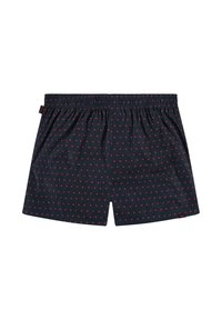 Boxer in blu navy con un motivo a cuori rosse, vita elasticizzata e una texture in tessuto morbido. Senza tasche o hardware aggiuntivo.