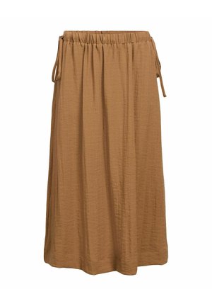 Jupe midi marron avec taille élastiquée froncée et détail lien sur le côté, en tissu texturé.