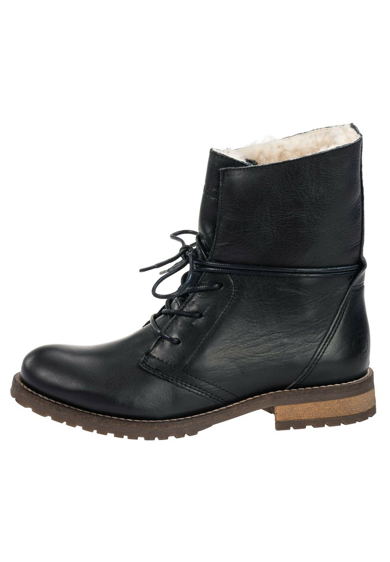 Botín negro de cuero hasta el tobillo con diseño de cordones, cuello acolchado, superficie texturizada y suela similar al caucho con un acento marrón.