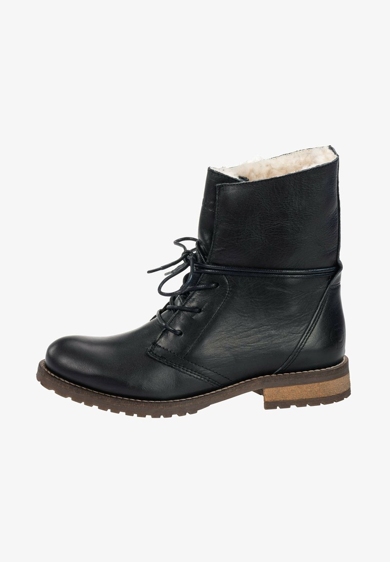 Botín negro de cuero hasta el tobillo con diseño de cordones, cuello acolchado, superficie texturizada y suela similar al caucho con un acento marrón.