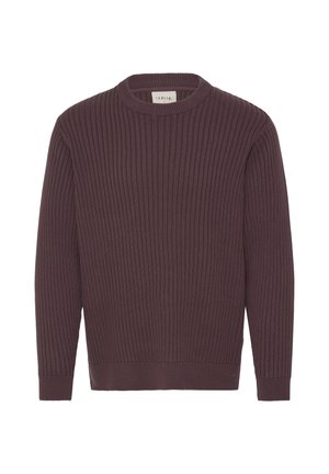 Dunkelbrauner, gerippter Pullover mit langen Ärmeln, Rundhalsausschnitt und enganliegenden Bündchen, auf weißem Hintergrund dargestellt.