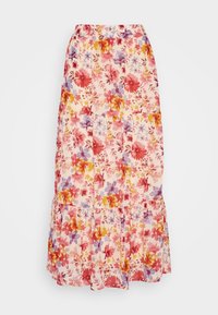 Maxirock mit elastischem Bund, versehen mit einem mehrfarbigen Blumenmuster in Rot, Lila, Gelb und Pink auf hellem Hintergrund, mit einem gerafften Saum.
