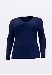 Dunkelblaues Langarmshirt mit V-Ausschnitt, gerafftem Detail vorne und weichem, elastischem Stoff für Komfort. Glatte Textur mit tailliertem Schnitt.