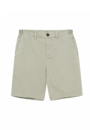 Svetlobéžové bavlnené šortky s gombíkovým zapínaním, pútkami na opasok, elastickým zadným pásom a bočnými vreckami, položené na bielom pozadí.