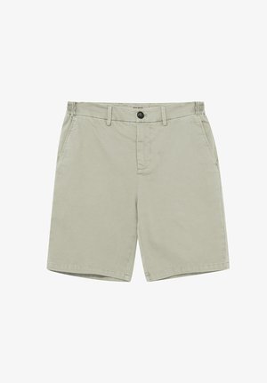 Vaaleanbeiget puuvillashortsit, joissa on napillinen kiinnitys, vyölenkit, joustava takaosa vyötäröllä ja sivutaskut, aseteltuna litteästi valkoiselle taustalle.