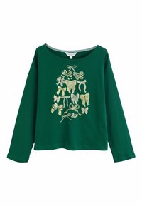 Zielona koszula z długim rękawem, wykonana z bawełny, ozdobiona złotym roślinnym nadrukiem wstążek i liści z przodu. Okrągły dekolt i luźny krój.