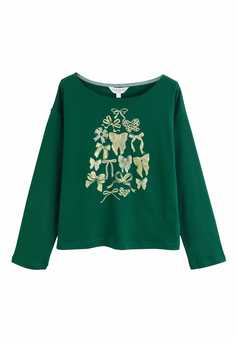 Zielona koszula z długim rękawem, wykonana z bawełny, ozdobiona złotym roślinnym nadrukiem wstążek i liści z przodu. Okrągły dekolt i luźny krój.