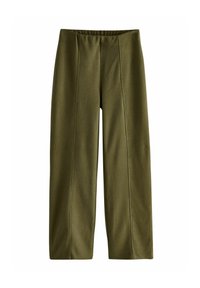 Pantalons larges vert olive avec une texture lisse, présentant des détails de couture verticaux et une taille élastique.