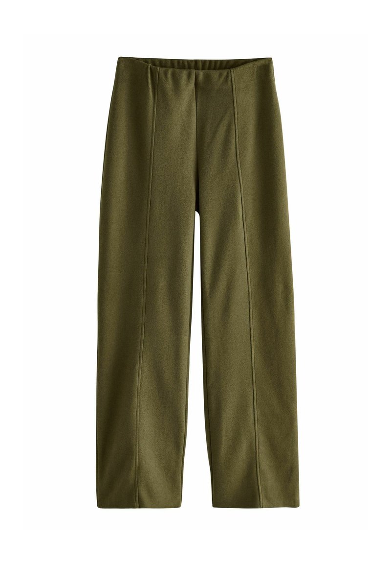 Pantalons larges vert olive avec une texture lisse, présentant des détails de couture verticaux et une taille élastique.
