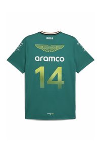 Grøn Aston Martin sportsjersey. Har gult logo, nummer 14 og brandtekst. Korte ærmer og rund hals med kontrasterende kant.