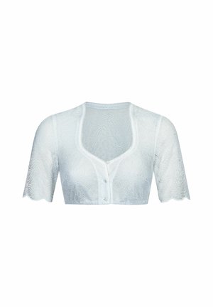 Weißes Spitzen-Cropped-Bolero mit kurzen Ärmeln und vorderem Knopfverschluss, mit Blumenmustern und gewellten Kanten.