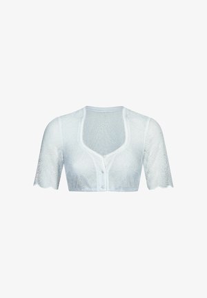 Weißes Spitzen-Cropped-Bolero mit kurzen Ärmeln und vorderem Knopfverschluss, mit Blumenmustern und gewellten Kanten.